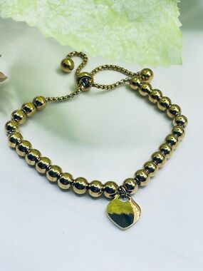 Gold stainless steel Beaded Heart Charm Bracelet - Women's Jewelry